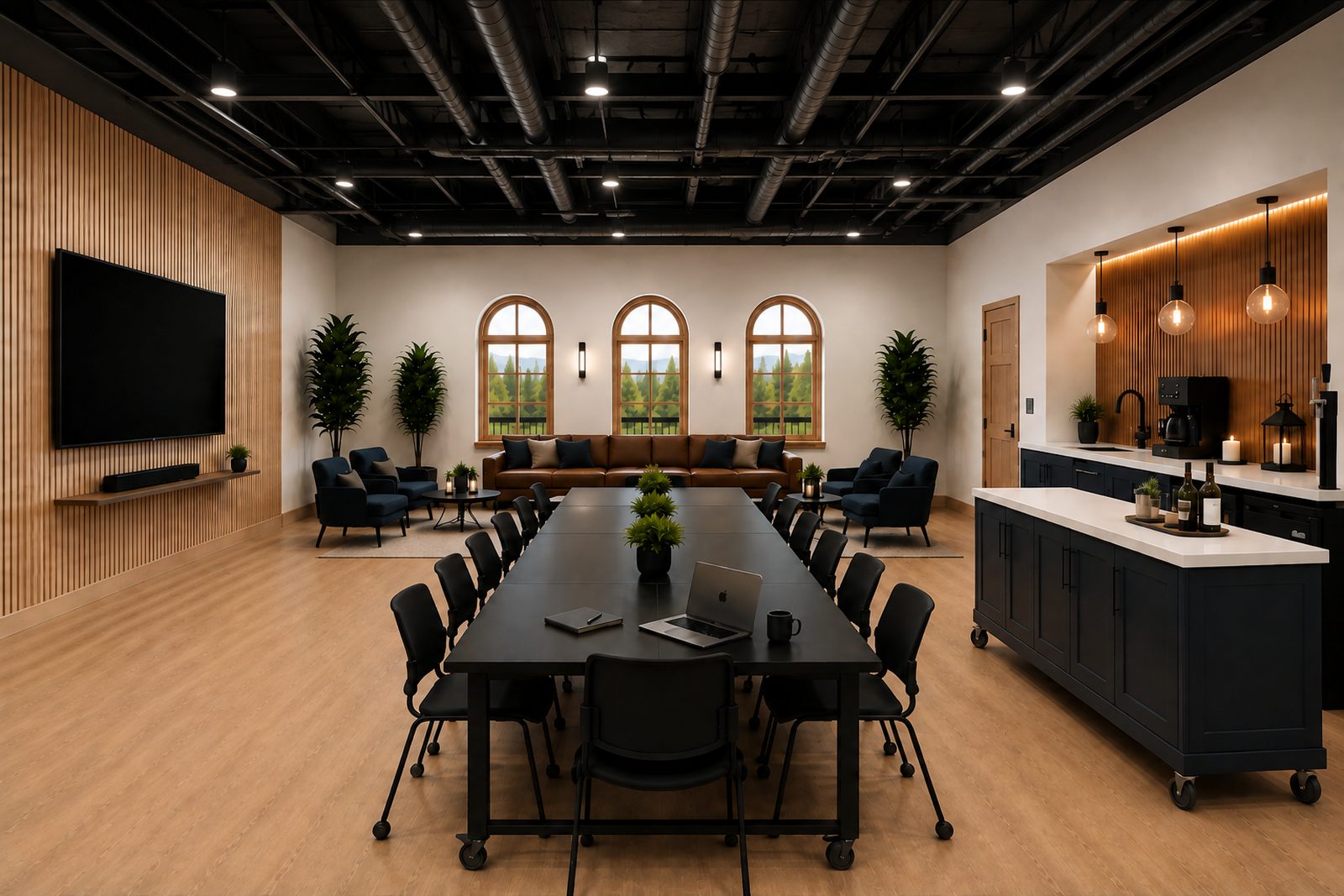 The common area at The Landing in boardroom layout, with a long table, mounted television, lounge seating, and the bar along the back wall